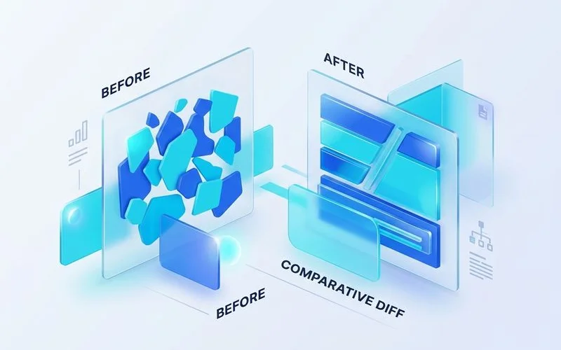 Before/after comparative diff view, editorial UI mockup