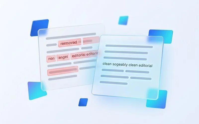 Before/after paragraph diff with highlighted removals, clean editorial UI mockup