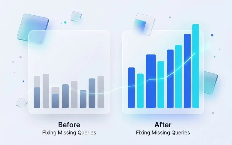 Before/after position chart showing lift from missing-query fix, editorial chart