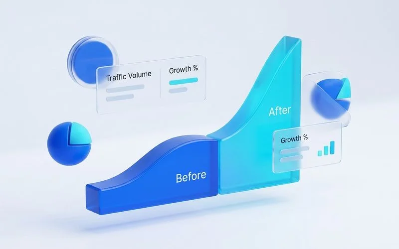 Before/after traffic curve infographic, blue/cyan brand colors, clean editorial style