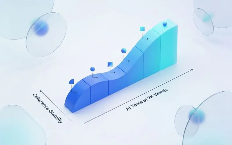 Coherence-stability curve comparing AI tools at 7K words, editorial chart