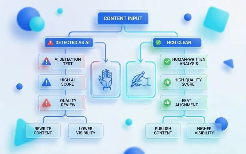 Decision flowchart with two paths (detection vs HCU), clean SaaS infographic style
