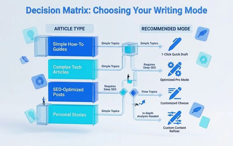 Decision matrix: which mode for which article type, editorial infographic