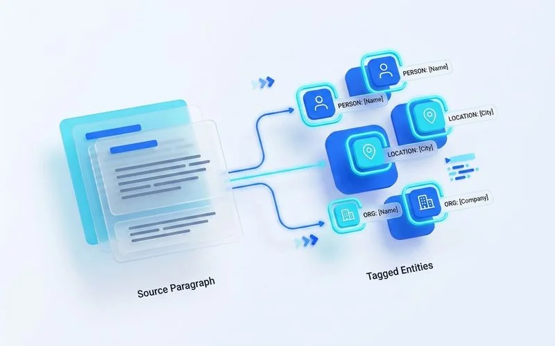Entity extraction example diagram showing source paragraph → tagged entities → cluster, clean editorial infographic