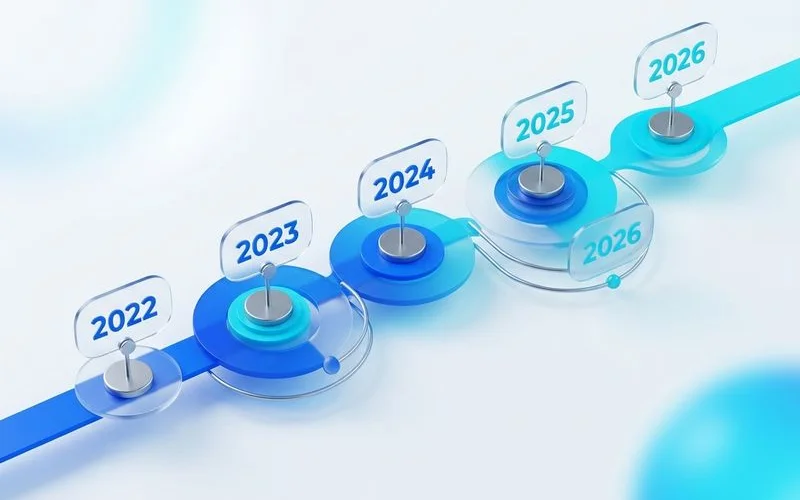 HCU rollout timeline 2022-2026 infographic, clean editorial style