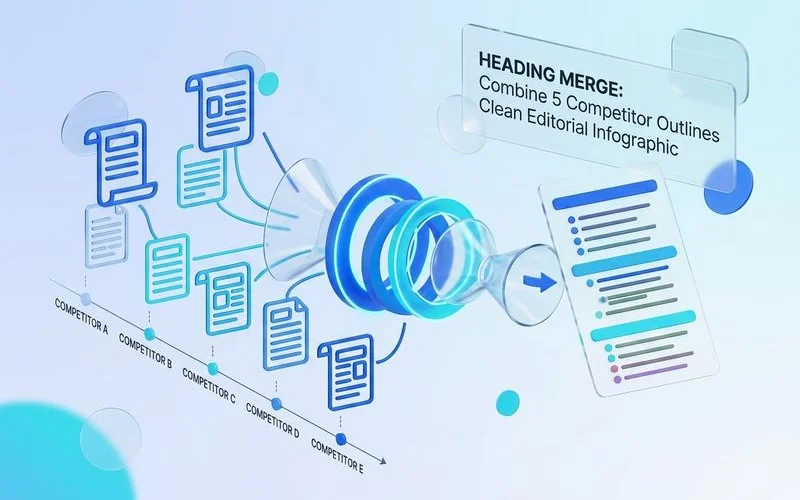Heading merge visualization combining 5 competitor outlines, clean editorial infographic