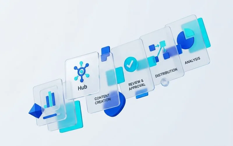 Hub-first publishing sequence diagram, clean editorial infographic