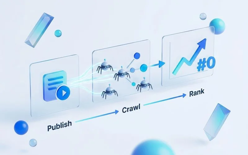 Indexation timeline diagram showing publish → crawl → rank, clean SaaS infographic style