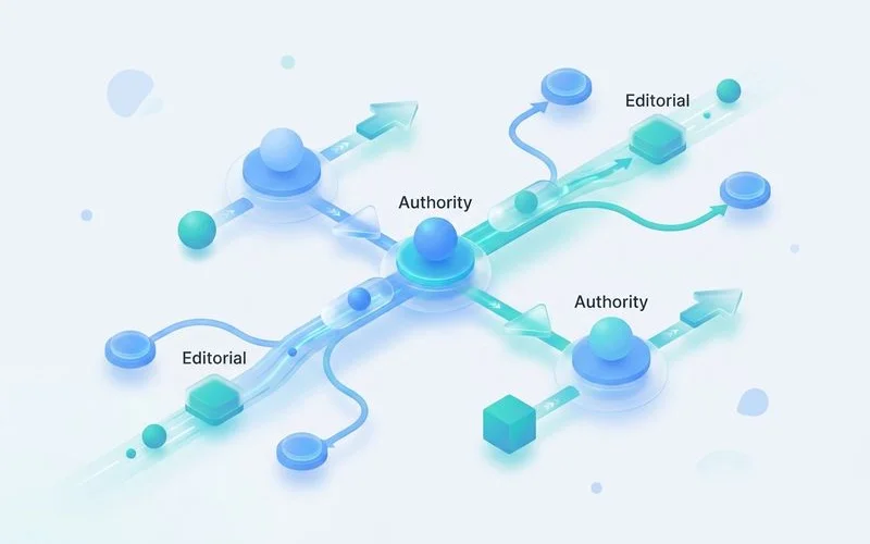 Internal-link flow diagram from authority pages → target, editorial infographic