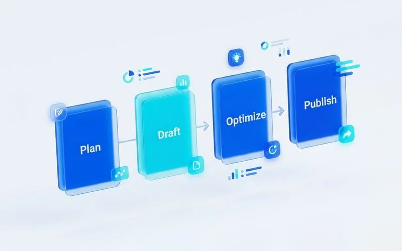 Live session agenda showing the four stages: plan, draft, optimize, publish