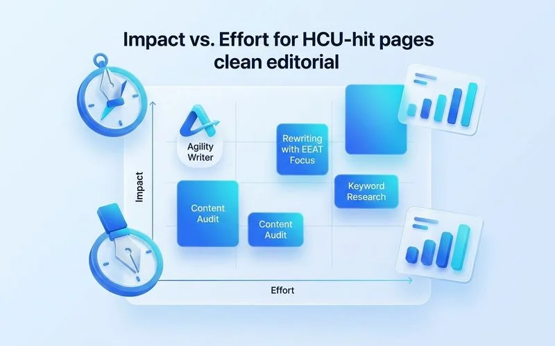 Prioritization matrix (impact vs effort) for HCU-hit pages, clean editorial infographic