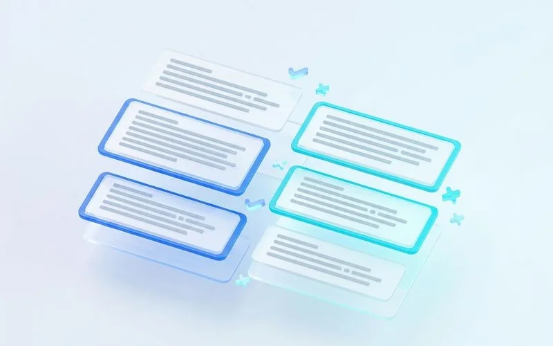 Pros/cons block UI mockup, clean SaaS UI style