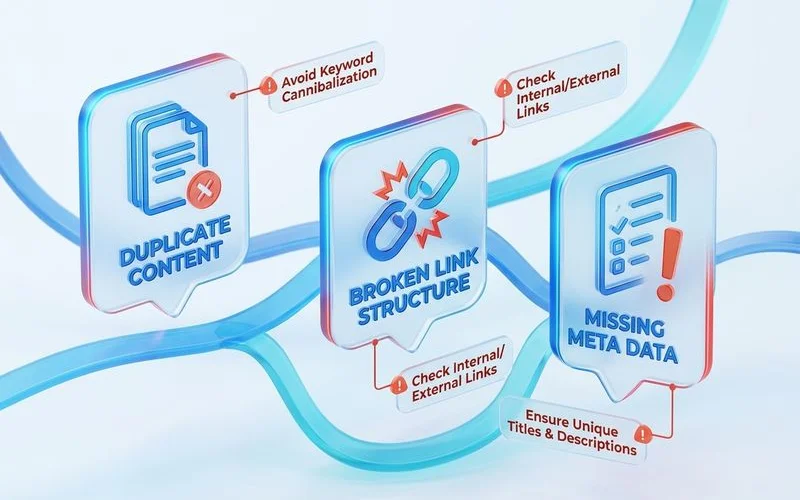 pSEO pitfalls checklist illustrated as warning callouts, editorial style, blue/red accent palette