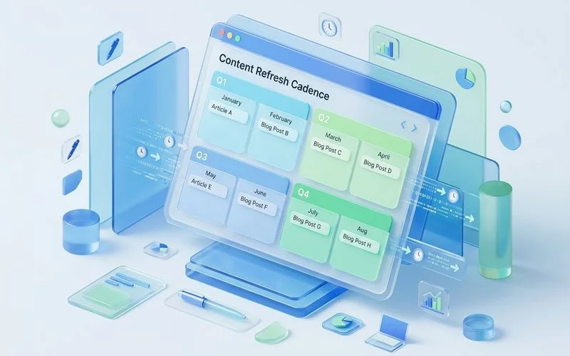 Refresh cadence calendar showing annual + quarterly check-ins, clean SaaS infographic