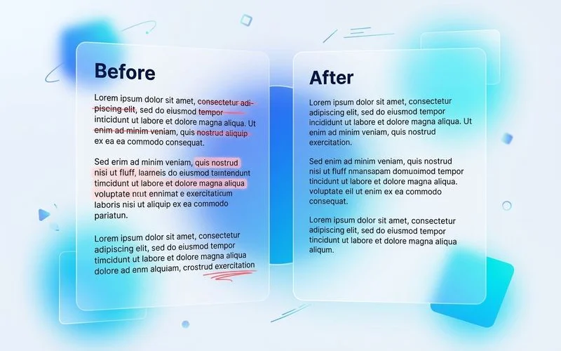 Side-by-side before/after paragraph comparison with crossed-out fluff, clean SaaS UI mockup style