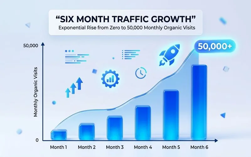 Six-month traffic growth chart showing exponential rise to 50,000+ monthly organic visits