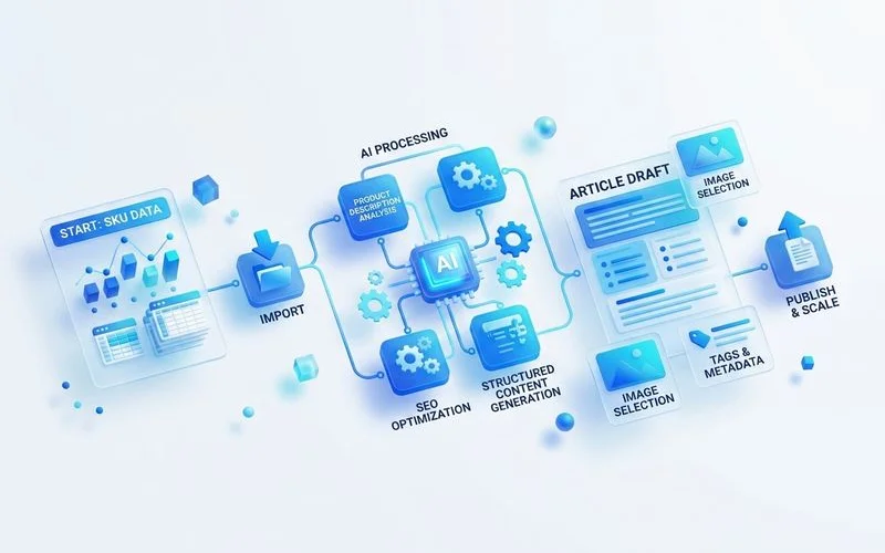 SKU CSV → product description article workflow diagram, clean editorial infographic