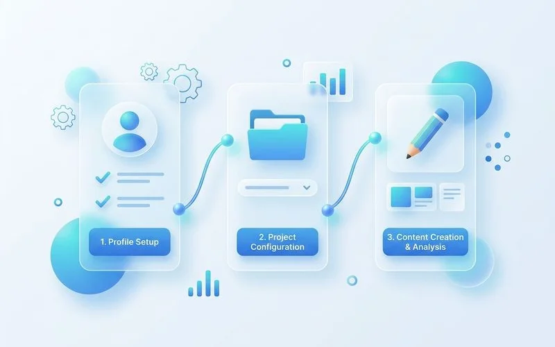 Step-by-step NeuronWriter setup flow, clean editorial infographic