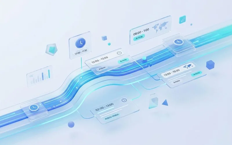 Time-zone-aware scheduling timeline, editorial infographic