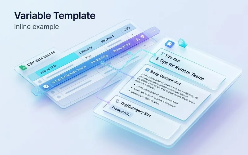 Variable template example showing CSV row mapped to article slots, clean SaaS infographic