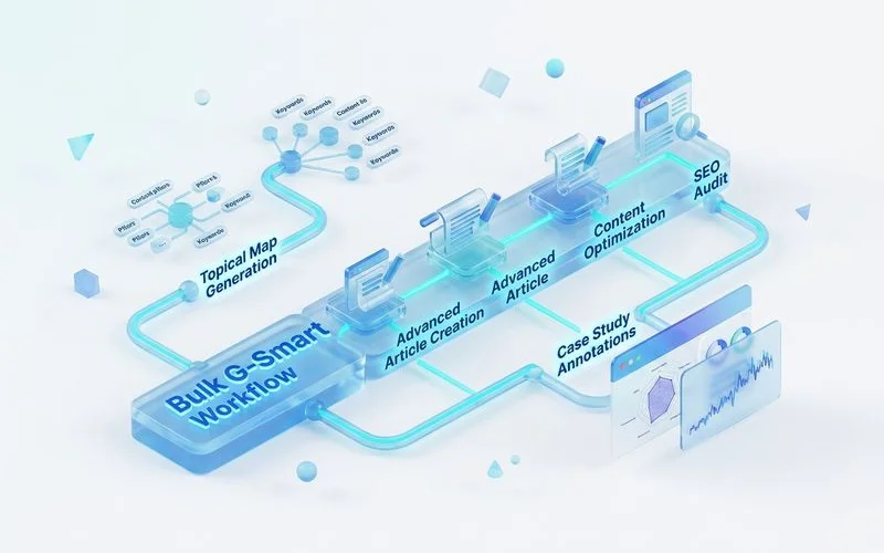 Workflow diagram (Topical Map → Bulk → G-Smart) with case study annotations, editorial infographic