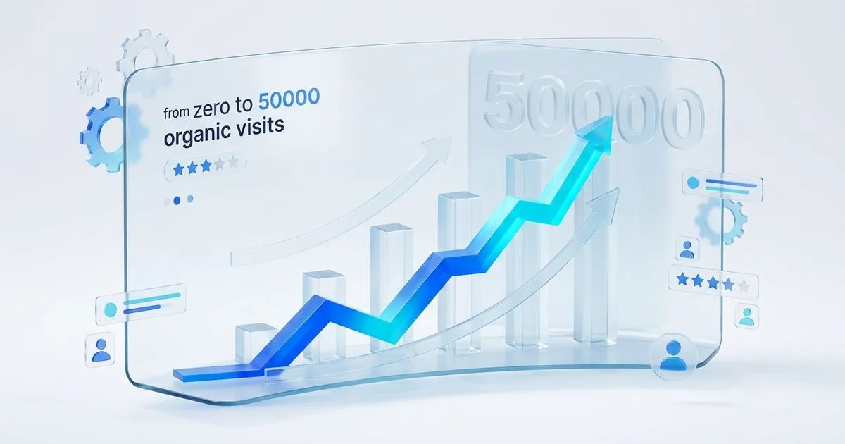 Traffic chart showing growth from zero to 50,000+ monthly organic visits over six months
