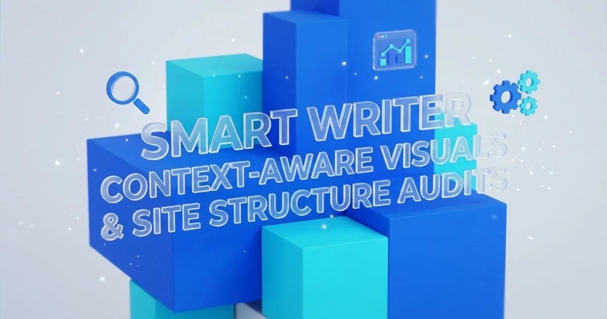 Modern 3D illustration showing the new Smart Writer, Context-Aware Visuals, and Site Structure Audits features in the Agility Writer product launch