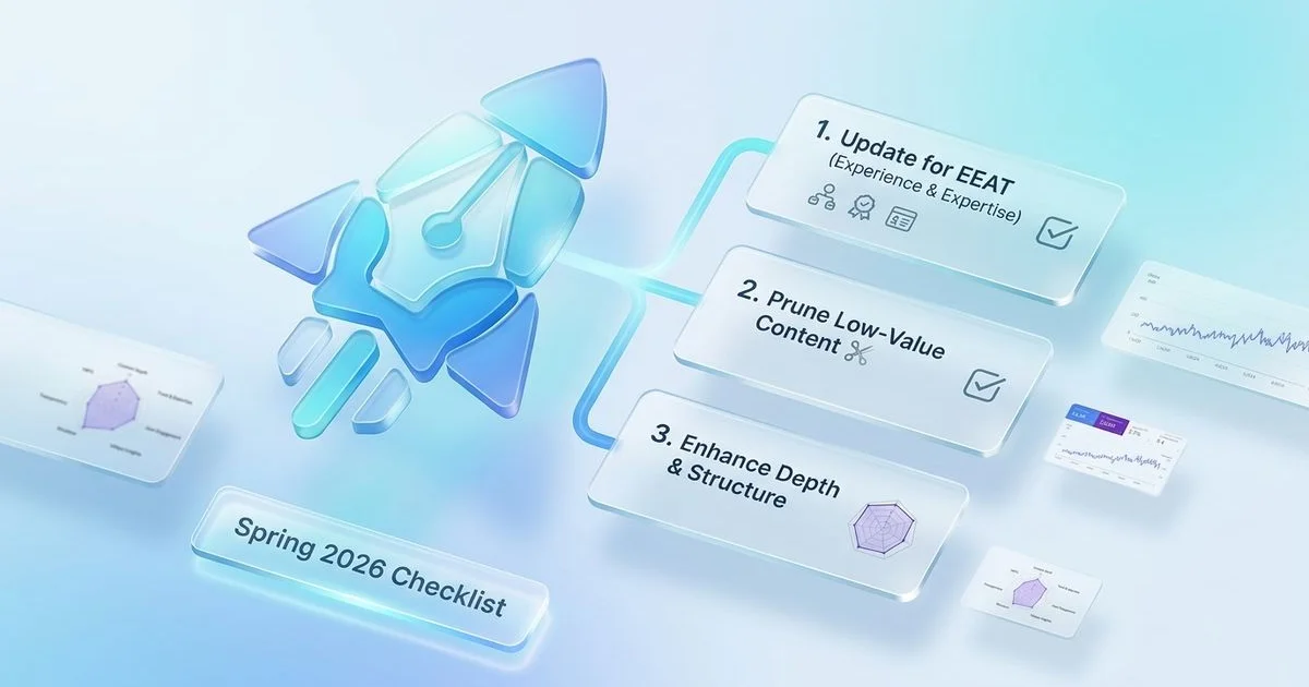 Spring content refresh checklist illustration with checklist and traffic recovery chart