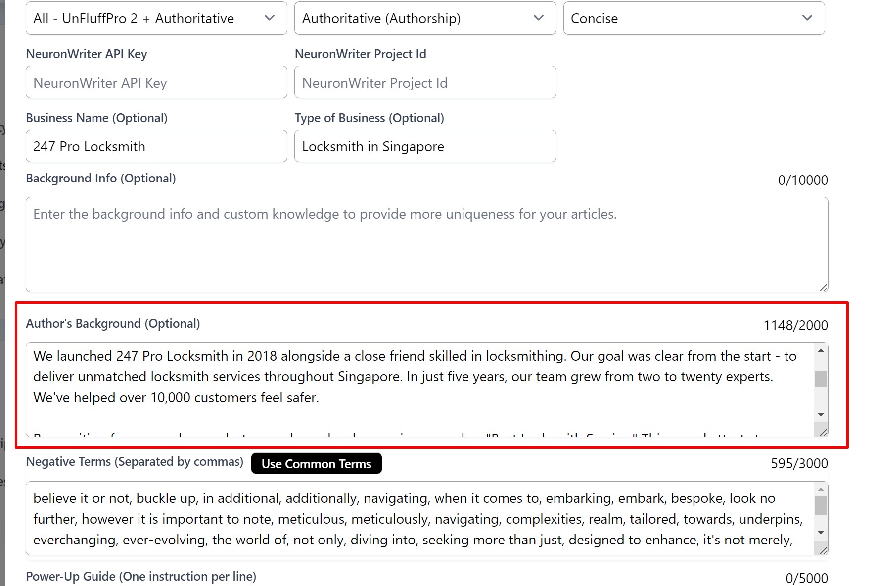 Author background in project settings