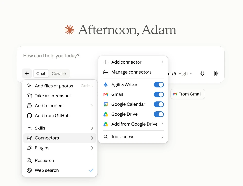 The Agility Writer connector switched on in the Claude tools menu